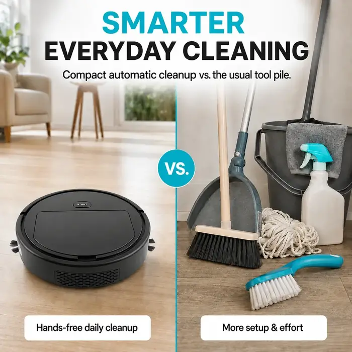 Robot vacuum shown beside conventional cleaning tools
