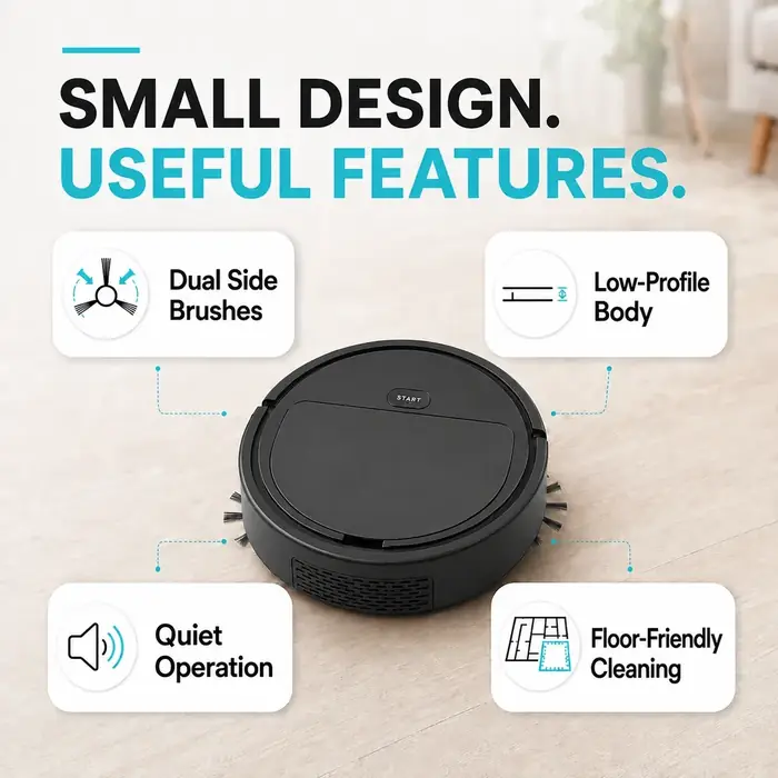 Robot vacuum feature graphic showing side brushes, low profile, operation and floor cleaning