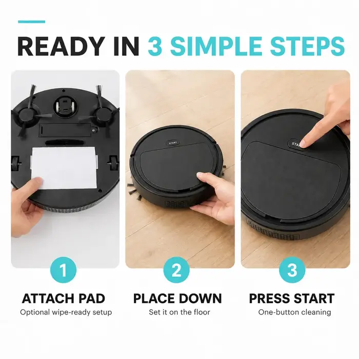 Robot vacuum setup steps illustrated in product image