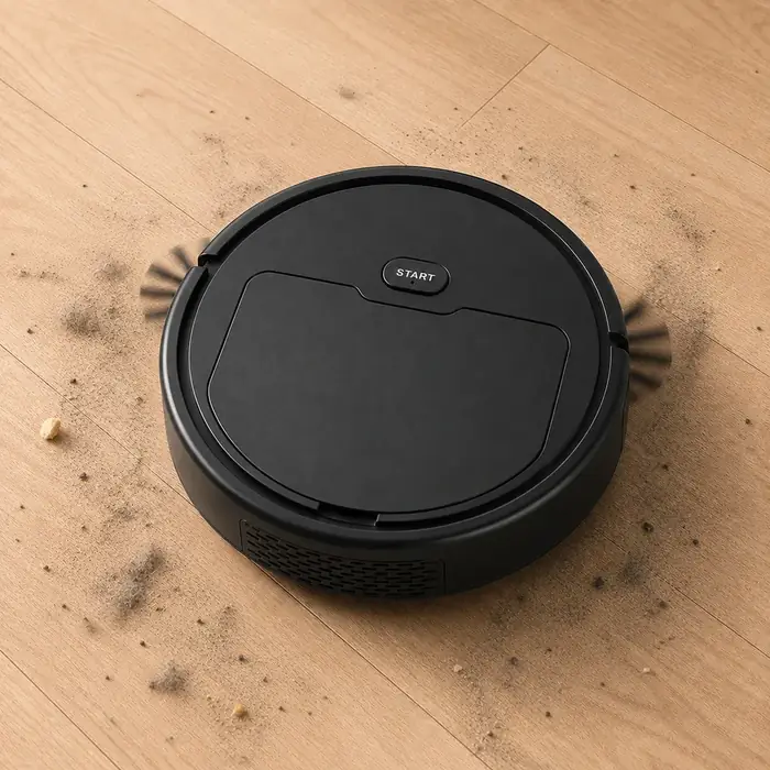 Compact black round robot vacuum on a wooden floor